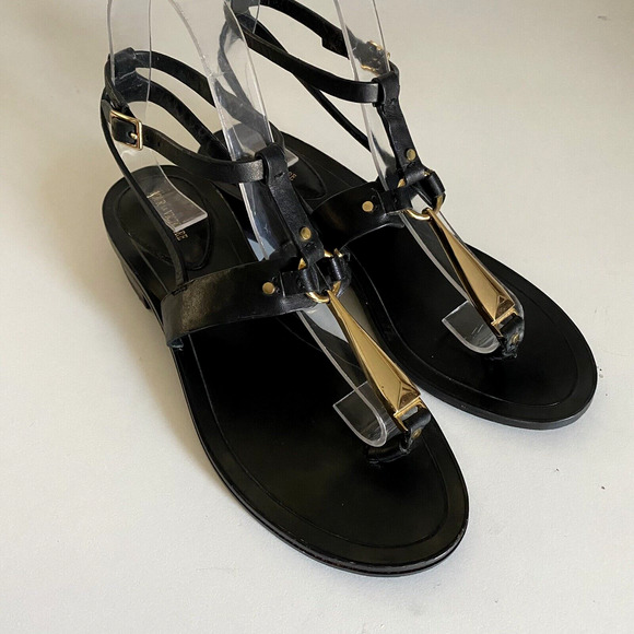 Pour La Victoire Acadia Sandal Black Leather Gold Thong Toe Ankle Strap … - Picture 2 of 6